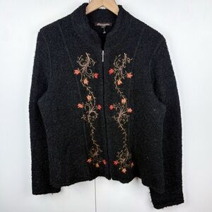 Caamano 100% Alpaca Embroidered Floral Boucle Zip Front Cardigan Sweater Black